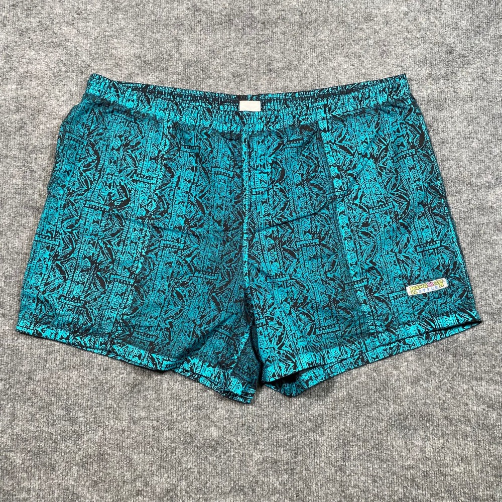 Vintage Hawaiian Style Swim Trunks Mens 36 Teal Black‎ Tribal Print USA Hole